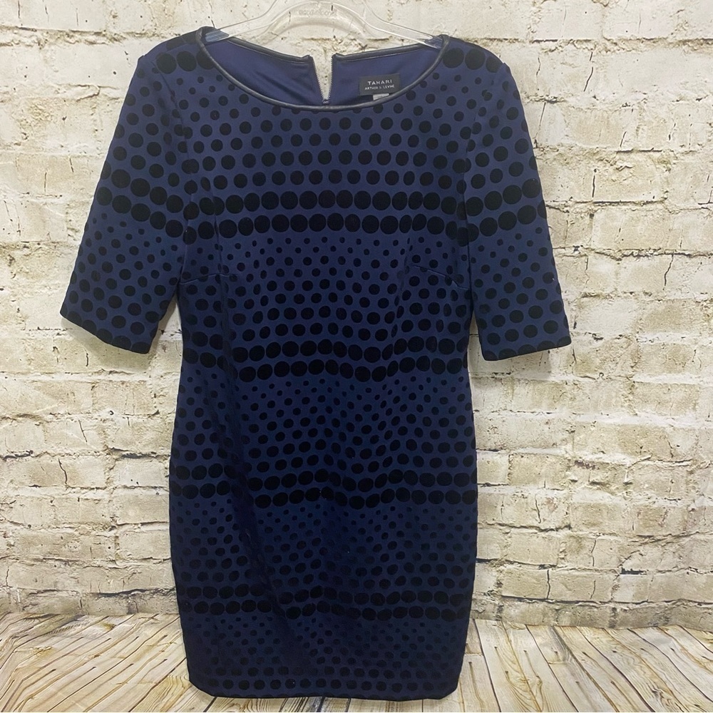 Tahari Blue Velvet Polka Dot Elbow Sleeve Sheath Dress